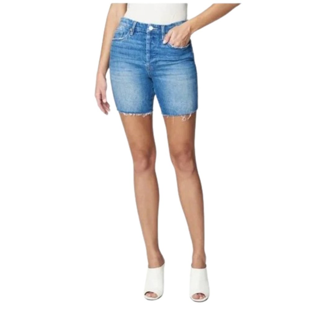 Blanknyc The Warren Women's High Rise Short Blue Distressed Frayed Denim
